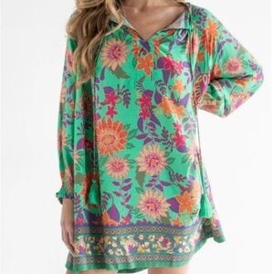 Natural Life Relaxed Boho Green Floral Casual Laid Back Tunic Dress Size M